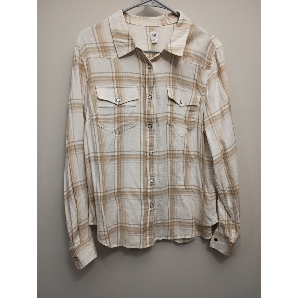 GAP Women Neutral Plaid Western Flannel Shirt Cream Tan Long Sleeve L NWT